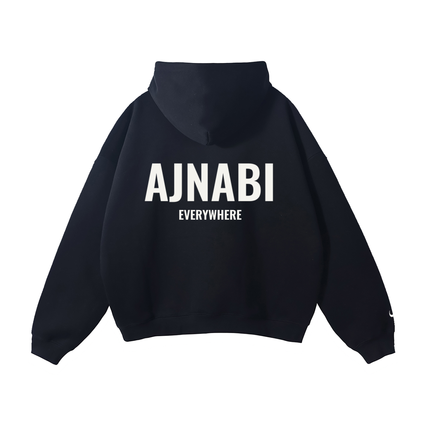 Ajnabi Void Classic Hoodie in black, back view showing relaxed fit, drop shoulders, and unisex streetwear design.
