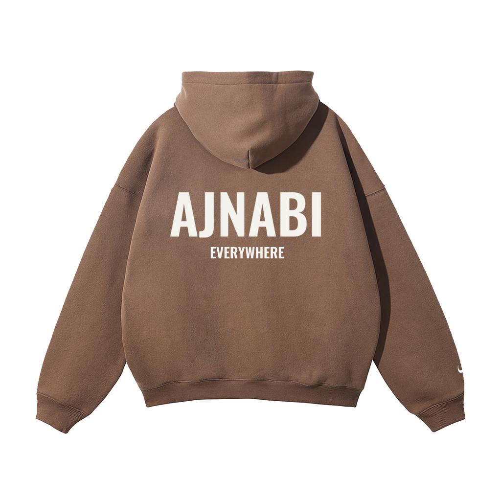 Ajnabi Clay Classic Hoodie in clay color, back view showing relaxed fit, drop shoulders, and unisex streetwear design.
