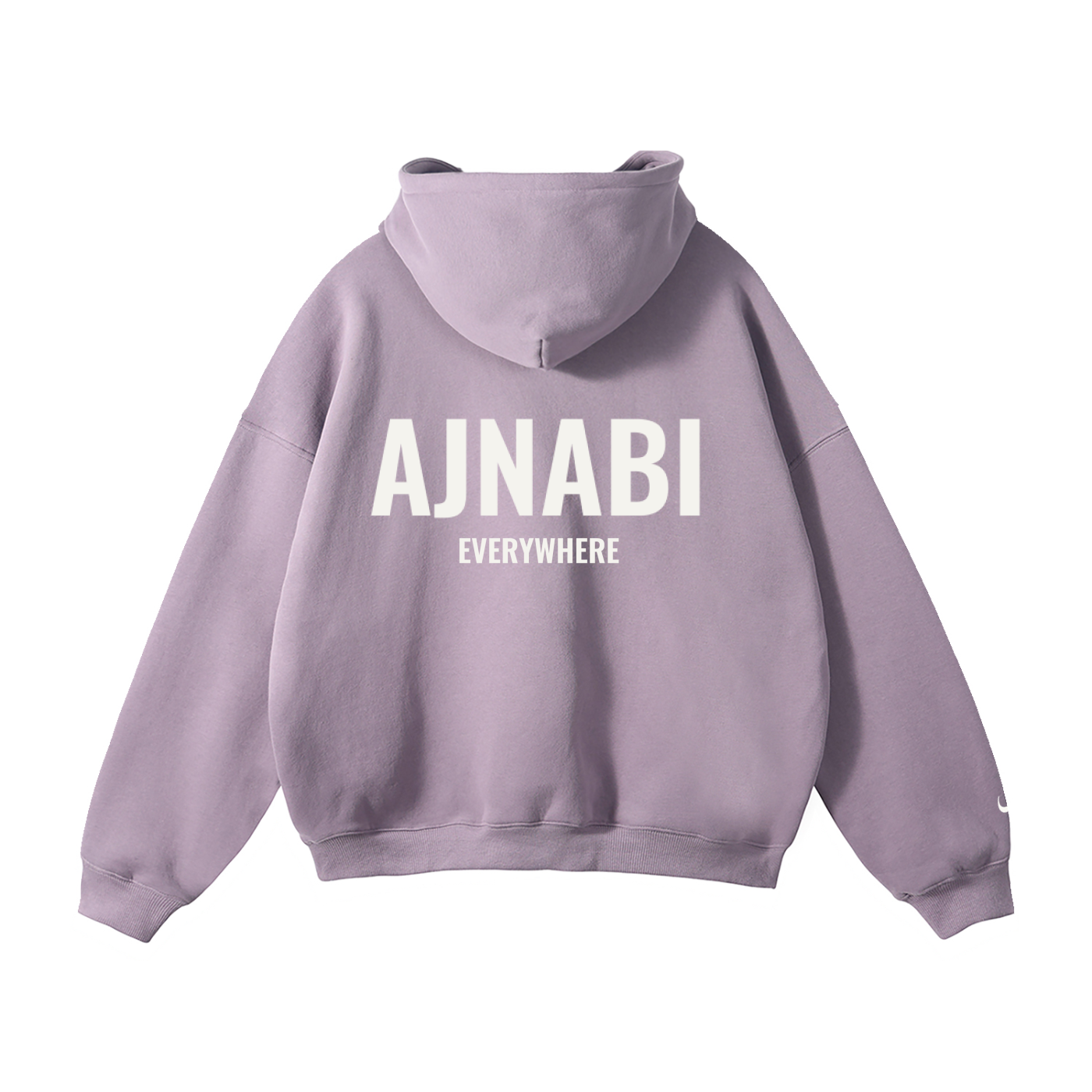 Ajnabi Taro Classic Hoodie in purple, back view showing relaxed fit, drop shoulders, and unisex streetwear design.