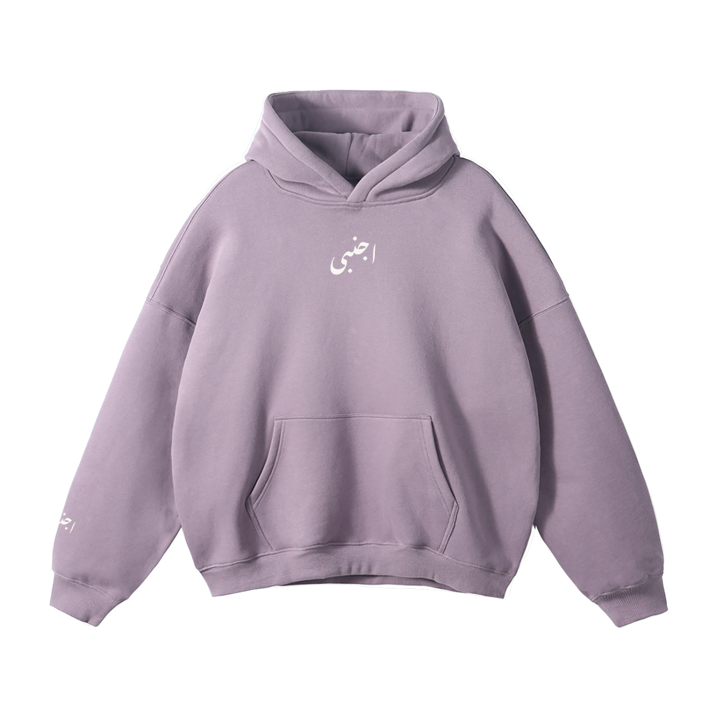 Ajnabi Taro Classic Hoodie in purple, front view showing relaxed fit, drop shoulders, hooded design, and unisex streetwear style.
