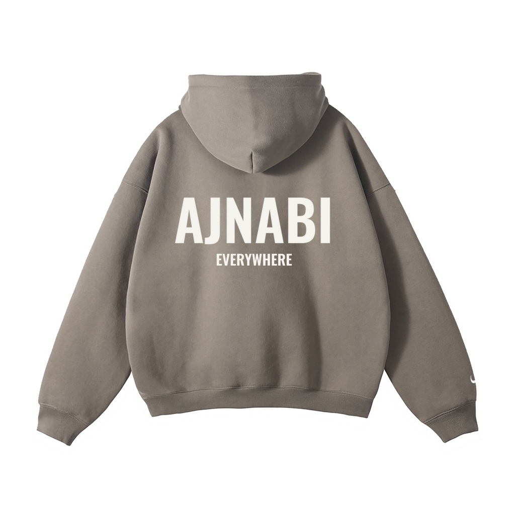 Ajnabi Wet Sand Classic Hoodie in sand color, back view showing relaxed fit, drop shoulders, and unisex streetwear design.
