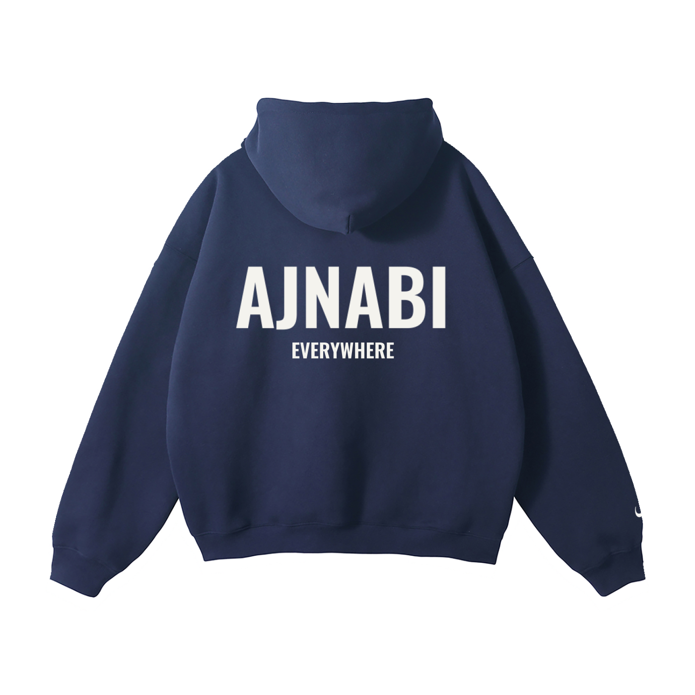 Ajnabi Foundations Hoodie in navy blue, back view showing relaxed fit, drop shoulders, and unisex streetwear design.