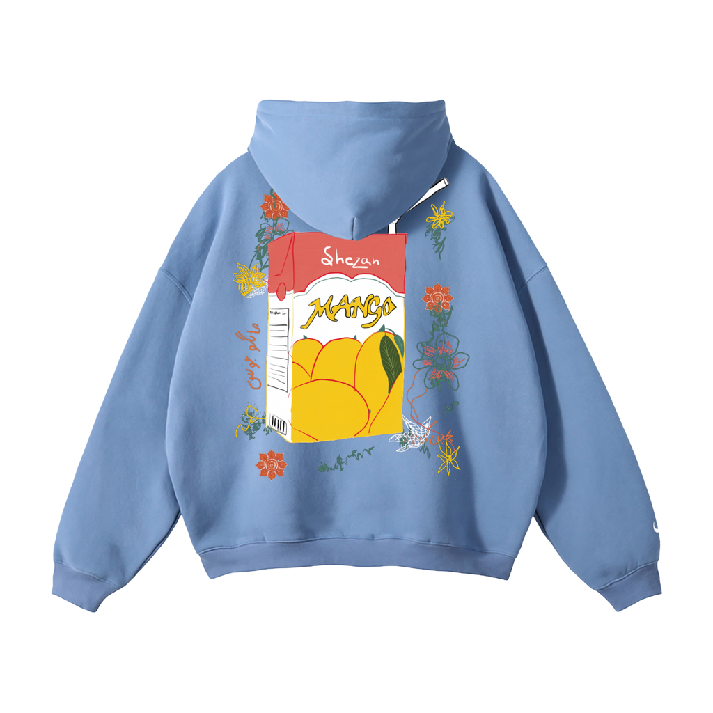 Blue Ajnabi hoodie with a pakistani mango juice box design on the back against a white background