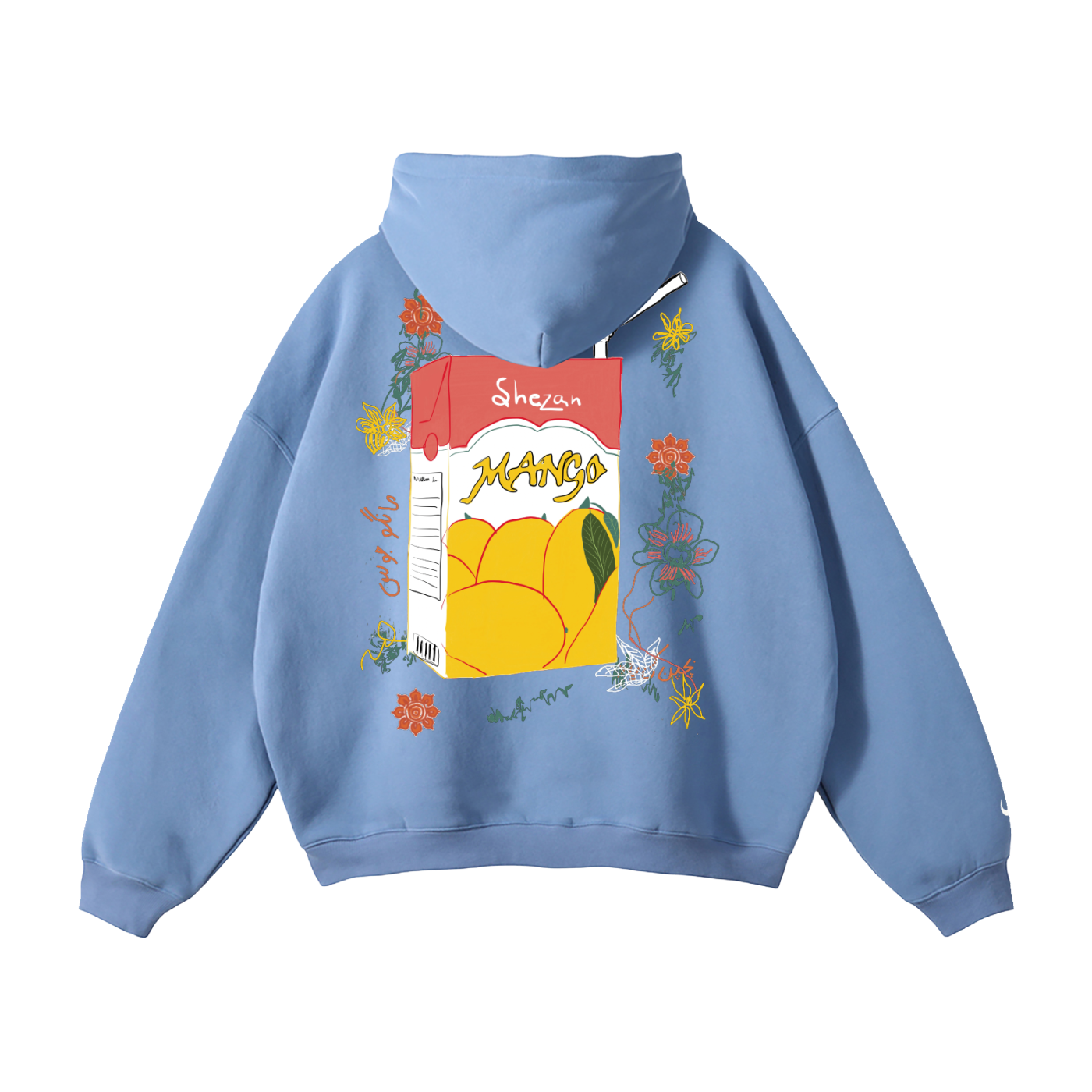Blue Ajnabi hoodie with a pakistani mango juice box design on the back against a white background